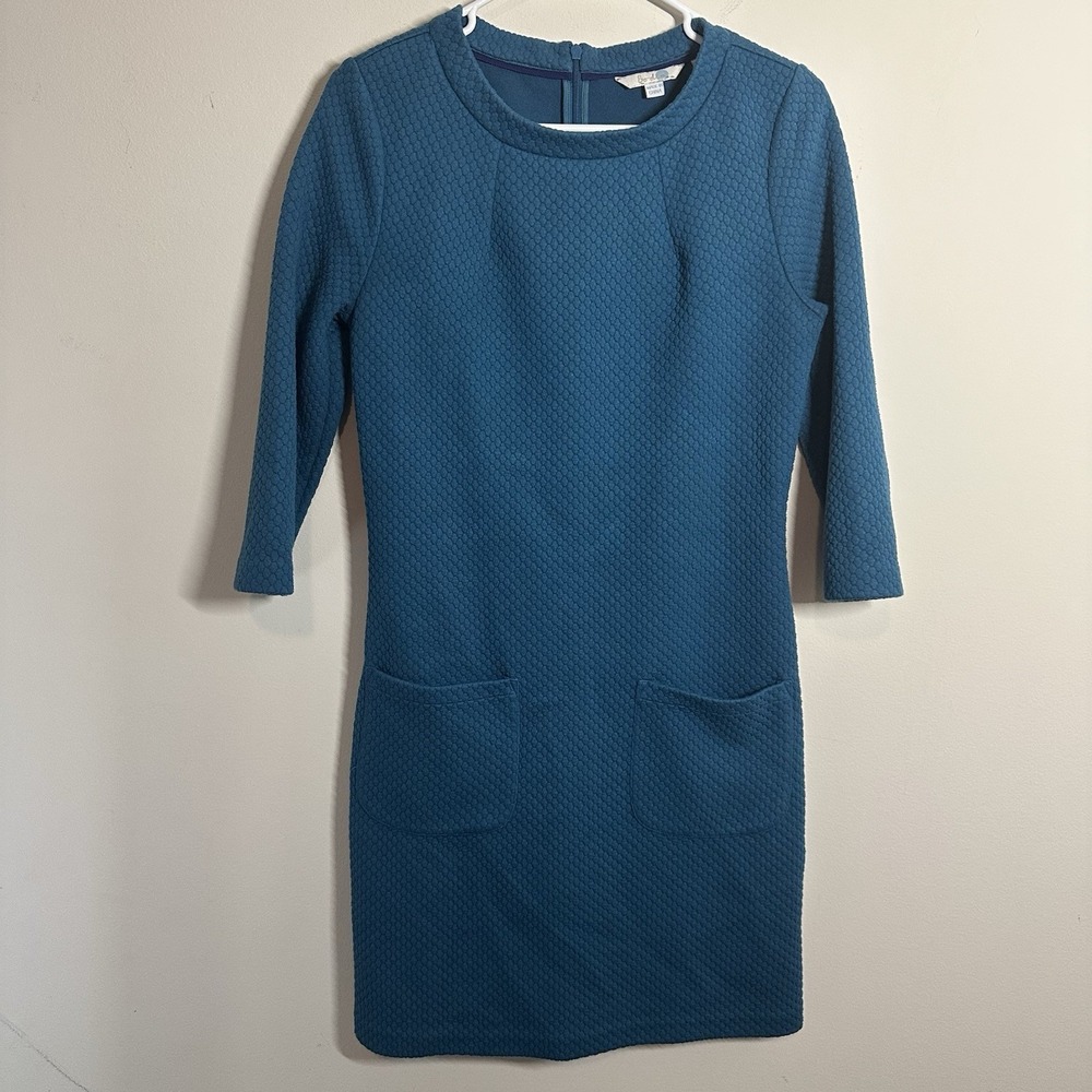 Boden 6P Marion Ottoman Ribbed Knit Tunic Dress Teal Blue Pockets 3/4 Sleeve